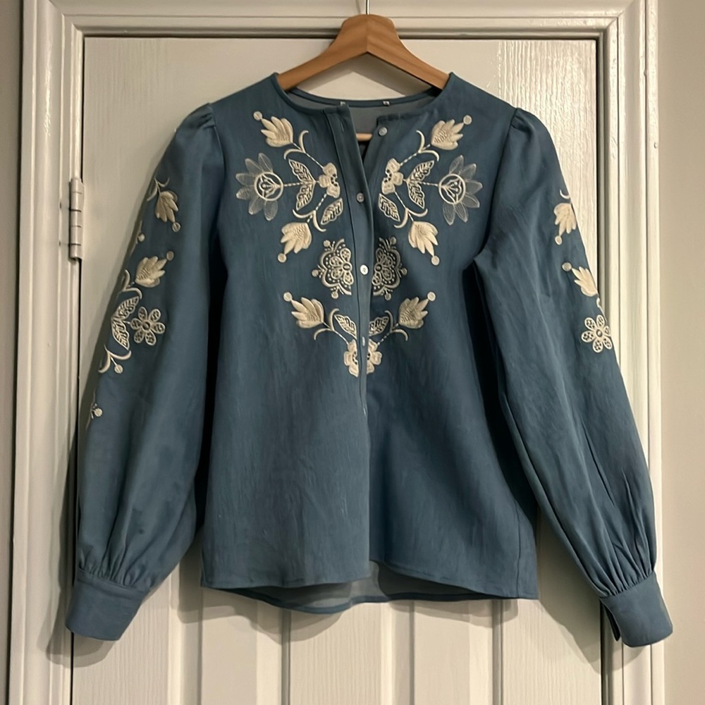 NWOT Embroidered Denim Blouse